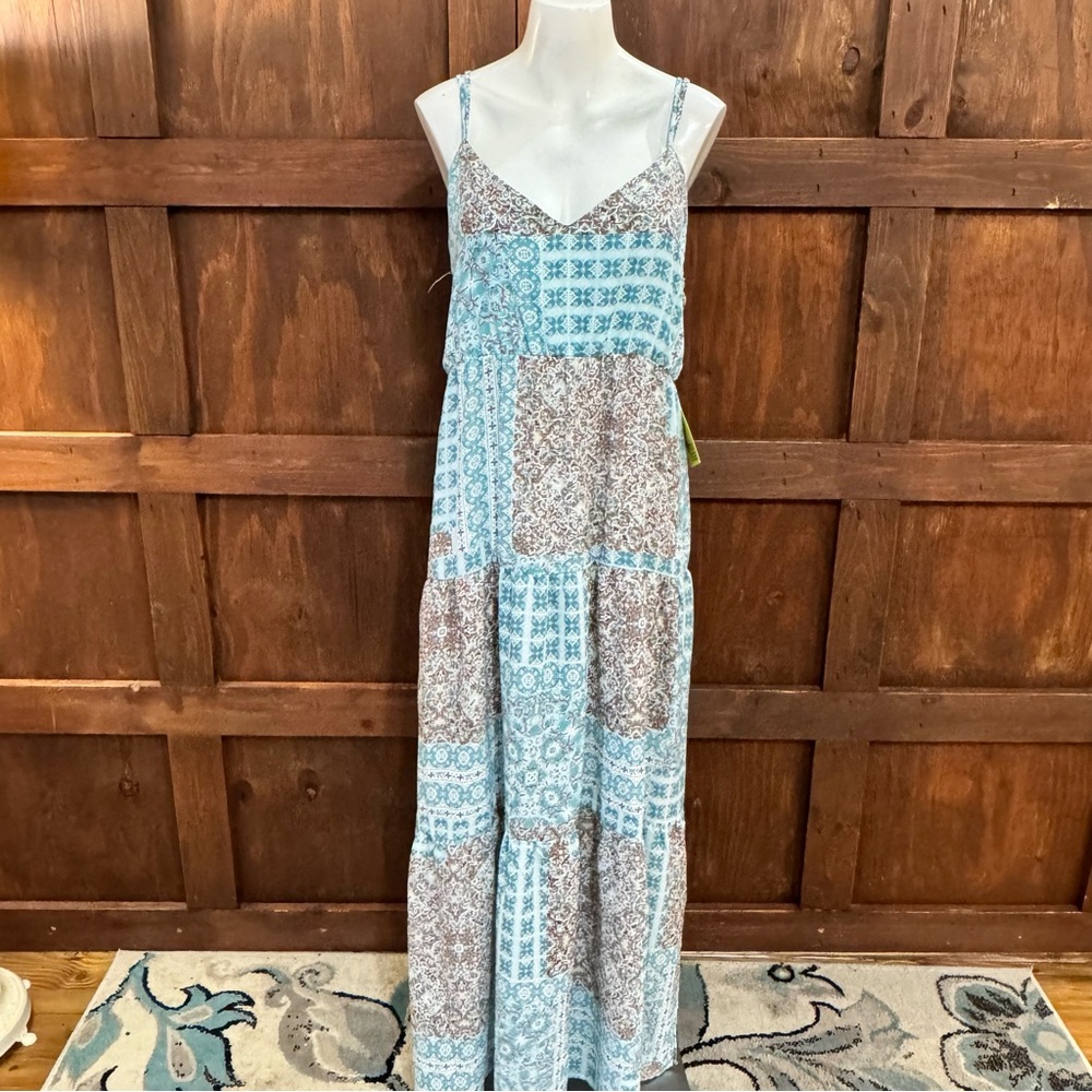 Boho Tiered Spaghetti-Strap Maxi Dress in Light Blue and Brown